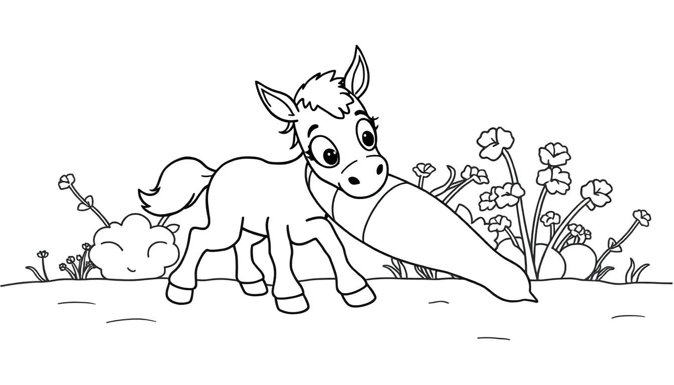 Disegno da colorare di un puledro bianco e nero che annusa una carota gigante, con fiori e un cespuglio sorridente sullo sfondo.