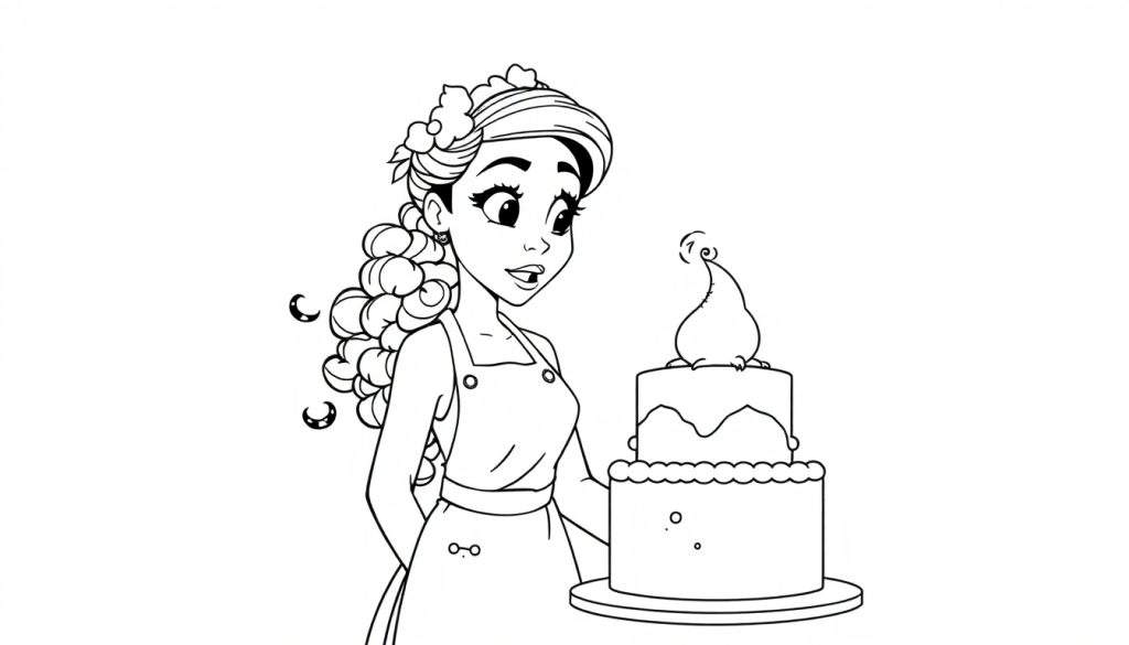 Ragazza con capelli lunghi e grembiule guarda una torta a due piani con goccia decorativa. Disegno da colorare.