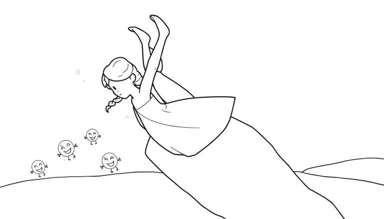 Disegno da colorare di una ragazza con treccia e vestito leggero, in una posa quasi a testa in giù, circondata da bolle e quattro creature marine rotonde e sorridenti che galleggiano. Linee ondulate sul fondo.