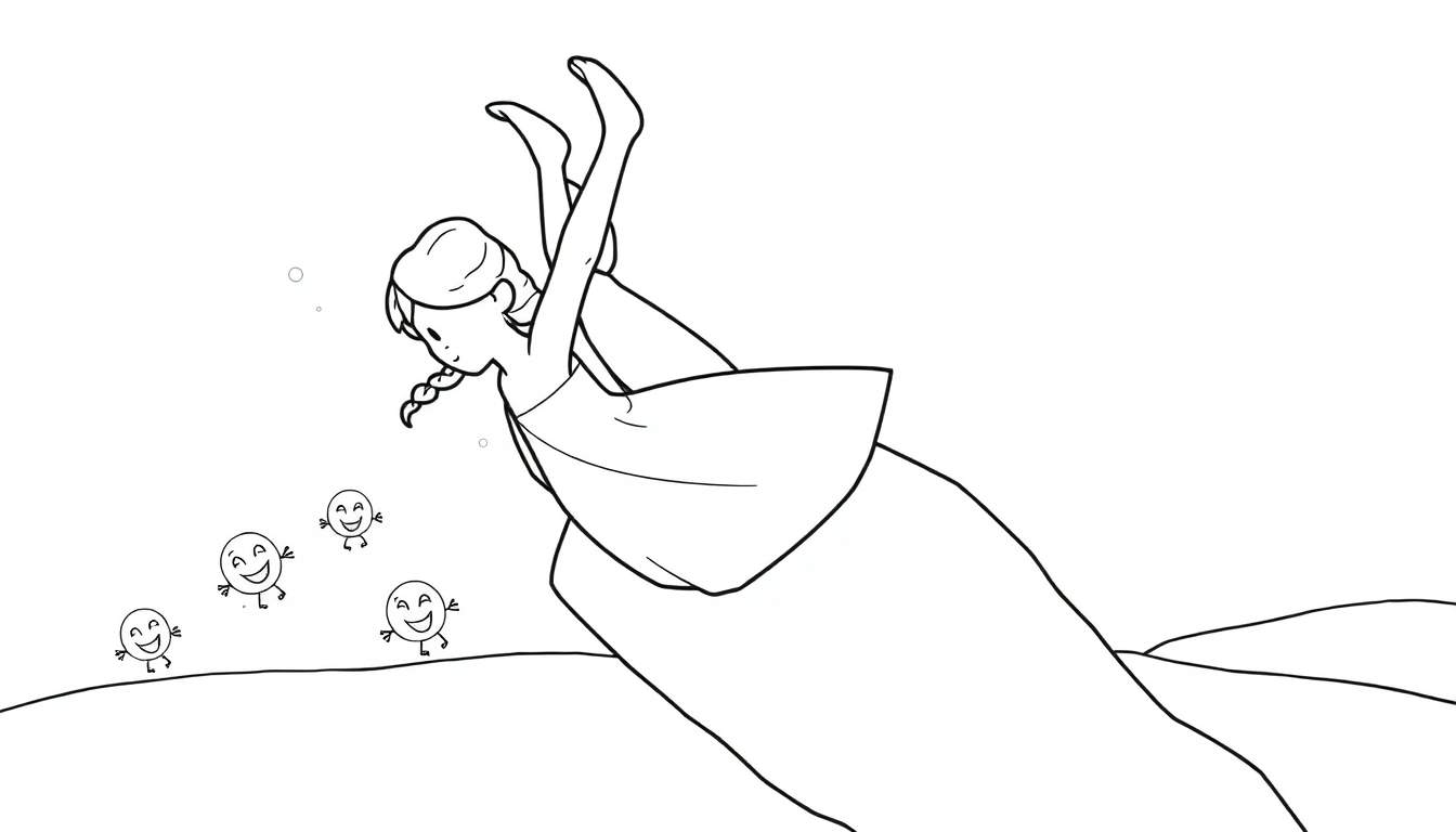 Disegno da colorare di una ragazza con treccia e vestito leggero, in una posa quasi a testa in giù, circondata da bolle e quattro creature marine rotonde e sorridenti che galleggiano. Linee ondulate sul fondo.