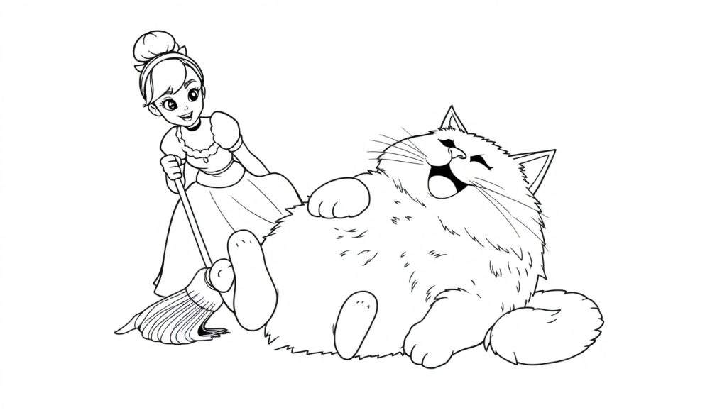 Disegno da colorare di una ragazza con chignon che spazzola un gatto grasso e felice sdraiato sulla schiena con le zampe in aria.