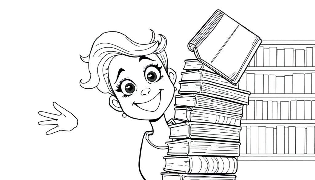 Ragazza sorridente che saluta da dietro una pila di libri, disegno a colori