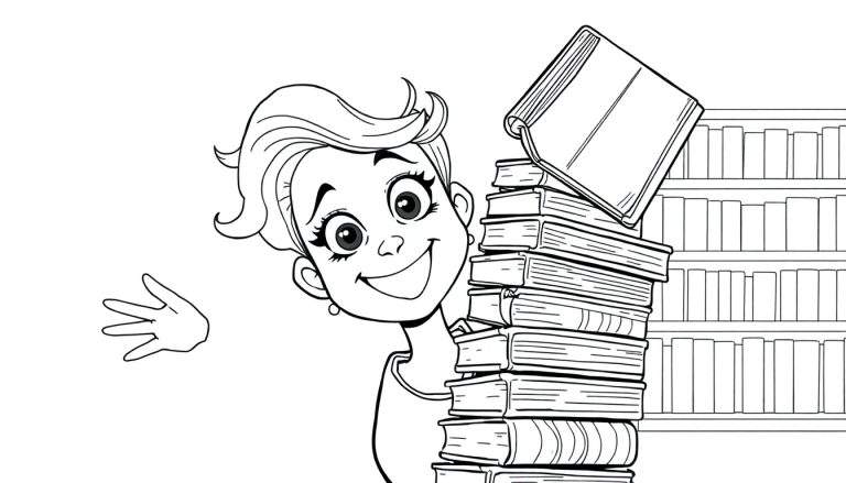 Ragazza sorridente che saluta da dietro una pila di libri, disegno a colori