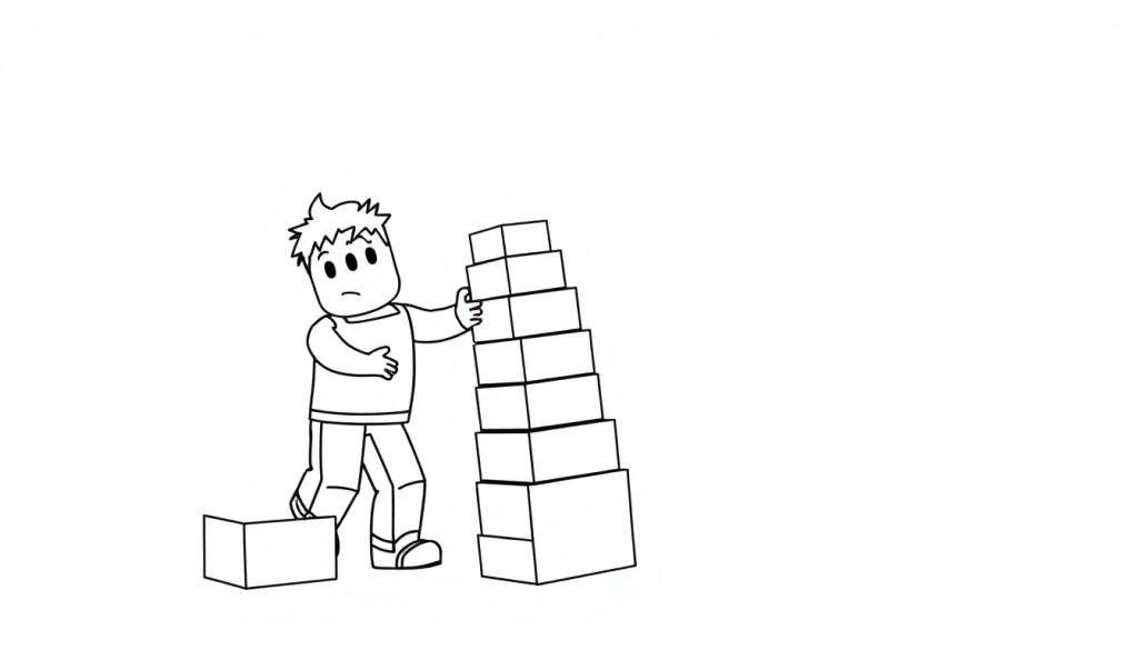 Disegno a mano libera di un ragazzo dei cartoni animati che tiene in equilibrio una pila di scatole, con una scatola a terra. Sfondo bianco.