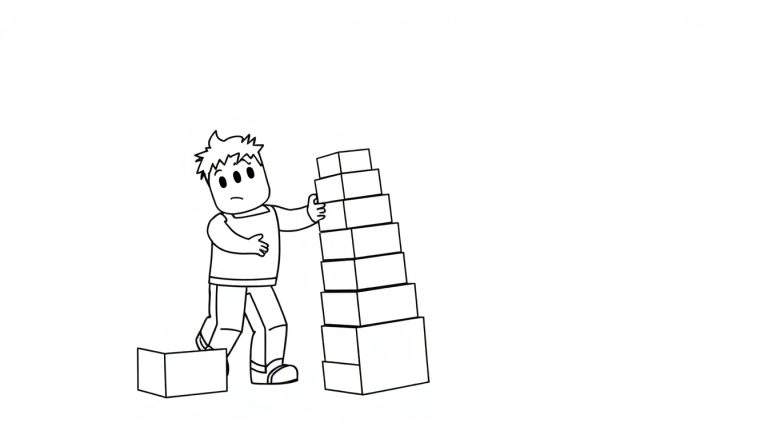 Disegno a mano libera di un ragazzo dei cartoni animati che tiene in equilibrio una pila di scatole, con una scatola a terra. Sfondo bianco.