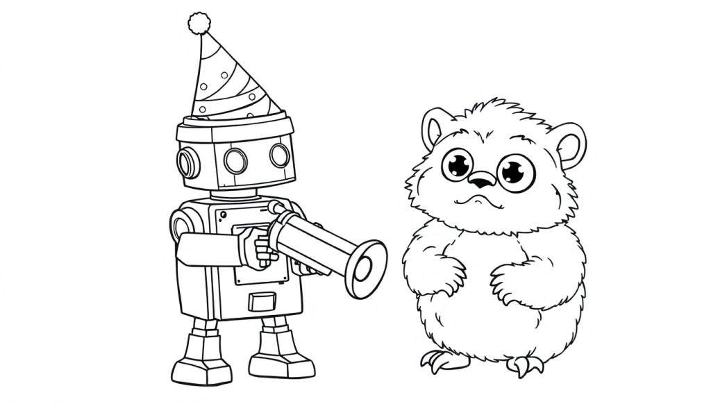 Disegno da colorare di un robot con cappello da festa e tromba, e un animale soffice con occhi grandi.