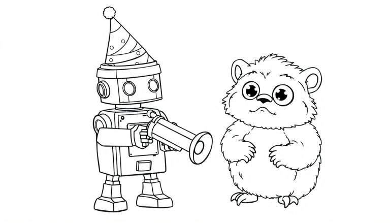 Disegno da colorare di un robot con cappello da festa e tromba, e un animale soffice con occhi grandi.