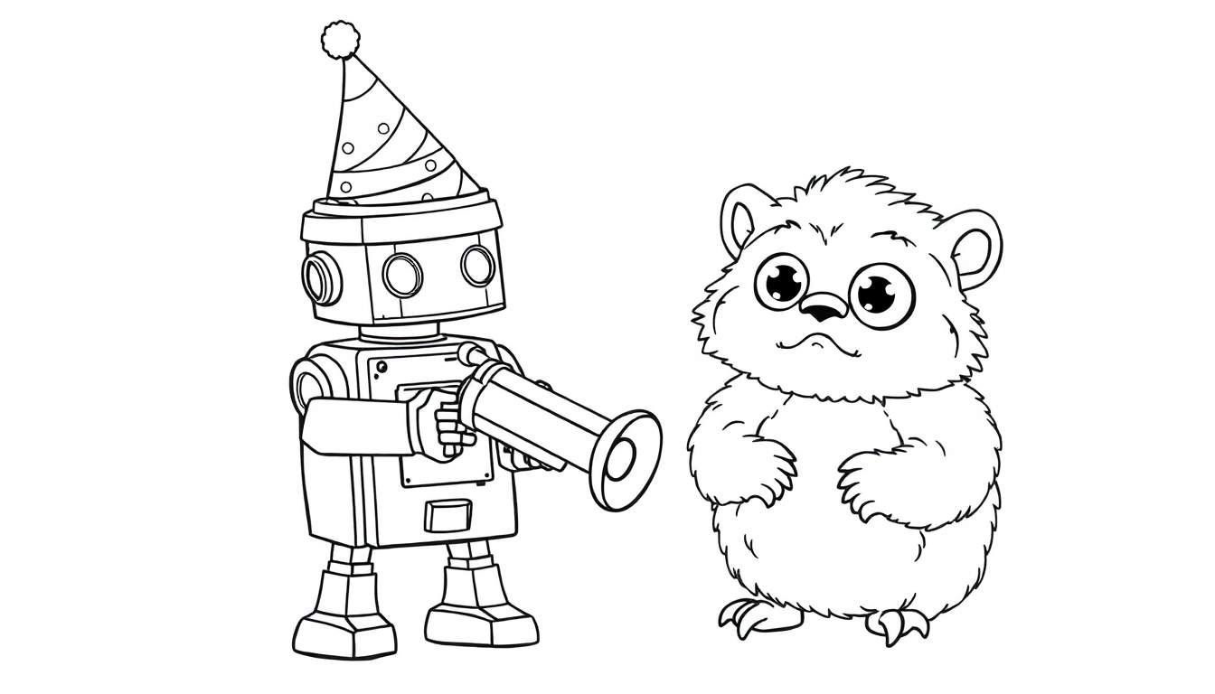 Disegno da colorare di un robot con cappello da festa e tromba, e un animale soffice con occhi grandi.