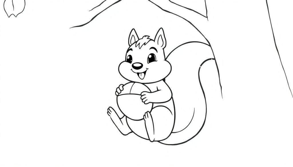 Disegno a linea di uno scoiattolo con una ghianda, seduto su un ramo d'albero.