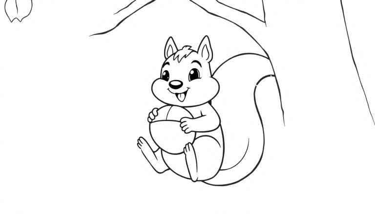 Disegno a linea di uno scoiattolo con una ghianda, seduto su un ramo d'albero.