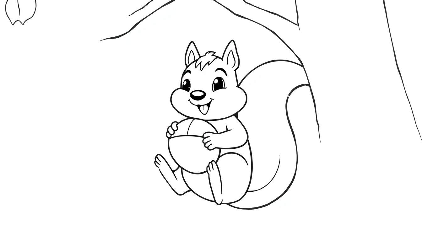 Disegno a linea di uno scoiattolo con una ghianda, seduto su un ramo d'albero.