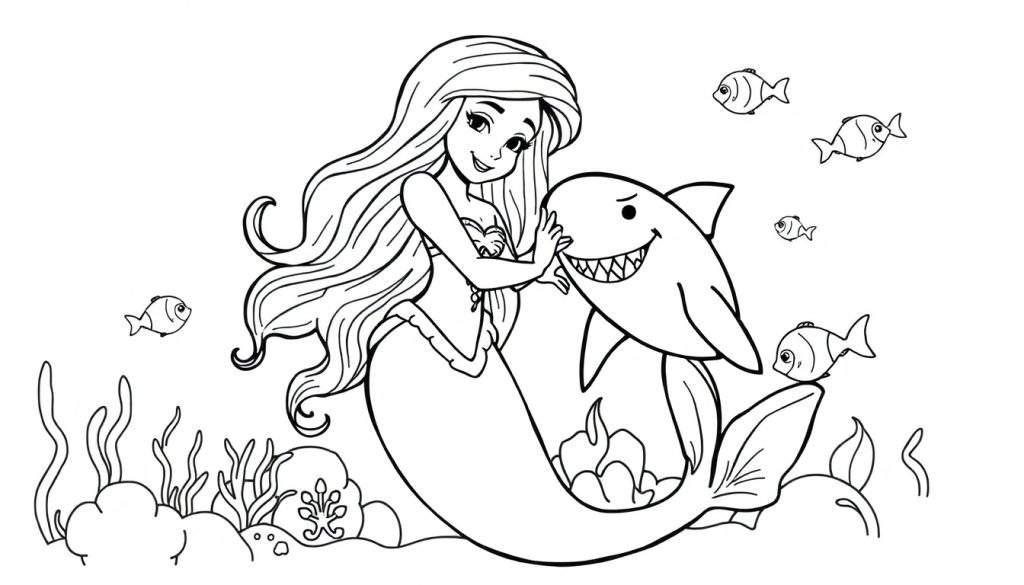 Disegno da colorare di una sirena con top a conchiglia e coda colorata che gioca con uno squalo amichevole, circondati da pesci e alghe.