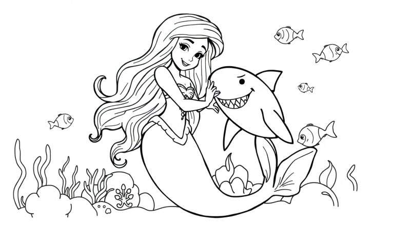 Disegno da colorare di una sirena con top a conchiglia e coda colorata che gioca con uno squalo amichevole, circondati da pesci e alghe.