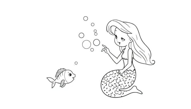 Disegno a contorno nero di una sirena con capelli mossi e coda squamosa che indica delle bollicine d'aria, con un pesciolino di fronte. Stile cartone animato.