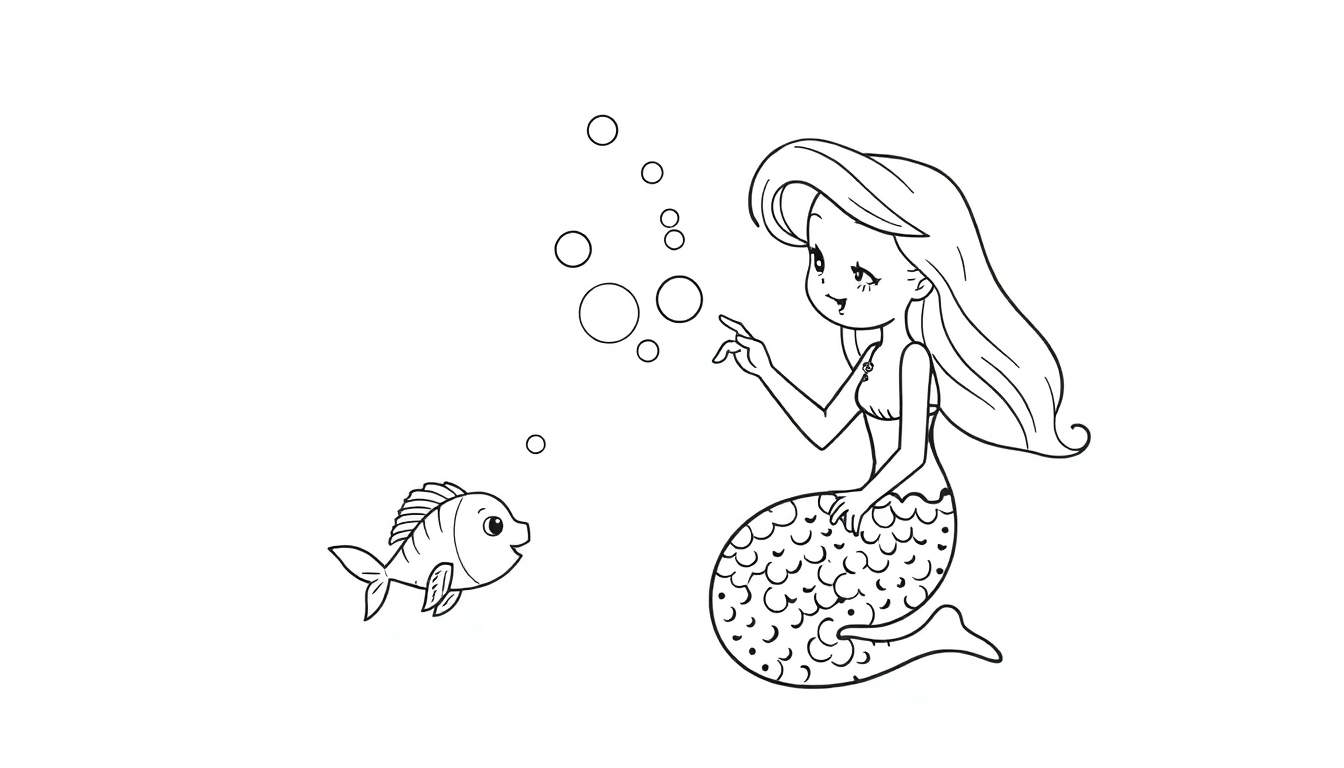 Disegno a contorno nero di una sirena con capelli mossi e coda squamosa che indica delle bollicine d'aria, con un pesciolino di fronte. Stile cartone animato.