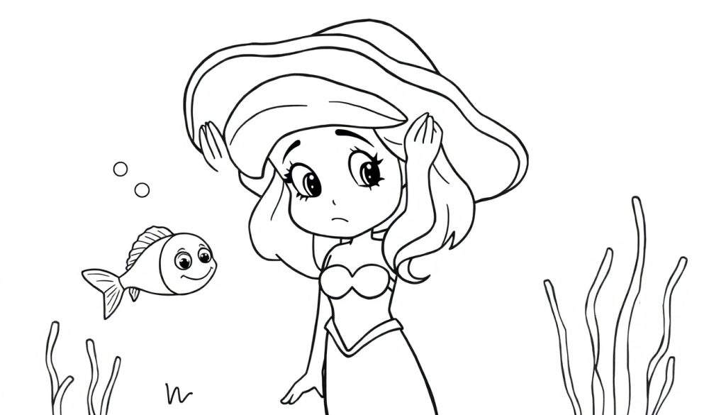 Sirenetta con cappello e pesce in disegno da colorare