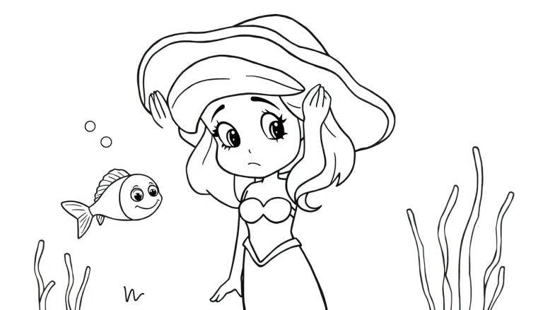 Sirenetta con cappello e pesce in disegno da colorare