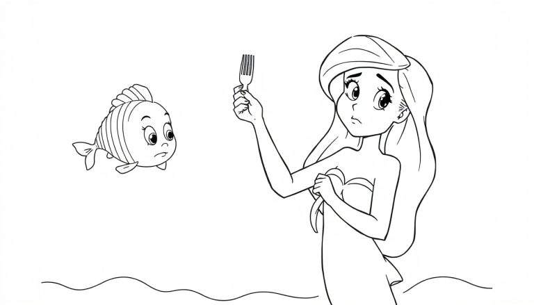 Disegno in bianco e nero di una sirenetta confusa che tiene una forchetta verso un pesce, con onde sullo sfondo.