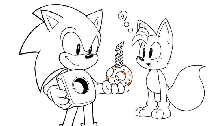 Disegno da colorare di Sonic e Tails. Sonic ha una ciambella, Tails è sorpreso.