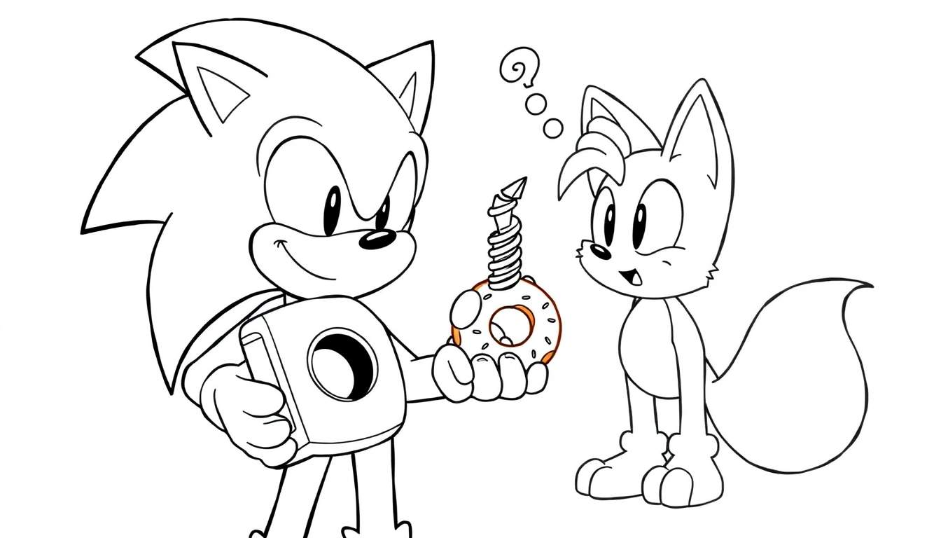 Disegno da colorare di Sonic e Tails. Sonic ha una ciambella, Tails è sorpreso.