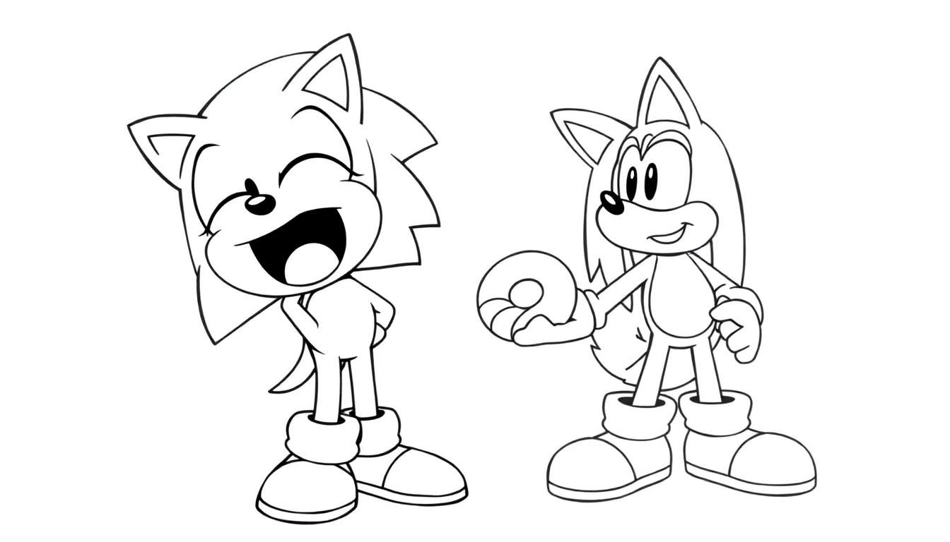Disegno da colorare di Sonic the Hedgehog che ride e Knuckles con una ciambella.