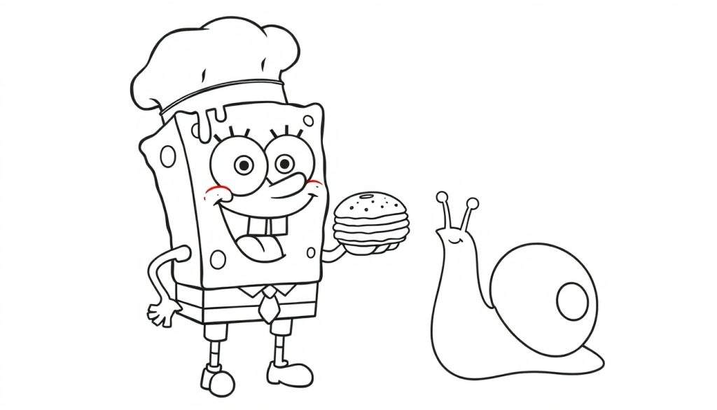 Disegno in bianco e nero di Spongebob Squarepants vestito da chef, che porge un Krabby Patty a una lumaca sorridente. Spongebob ha un cappello da chef, giacca e cravatta. La lumaca ha un grande guscio rotondo e due antenne.