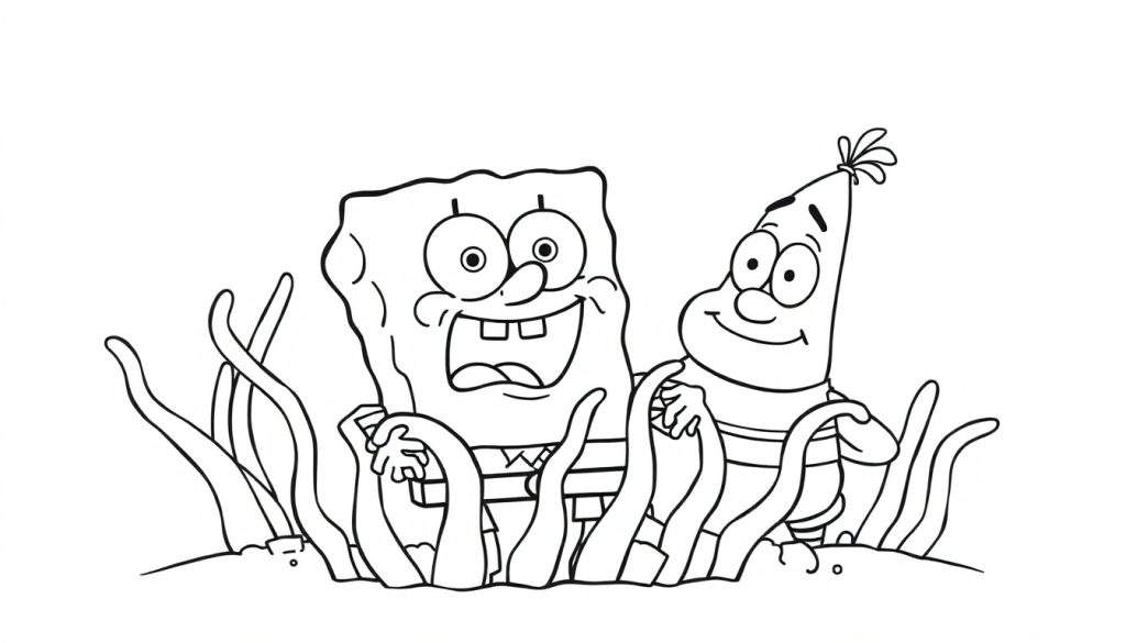 Disegno da colorare di Spongebob Squarepants che abbraccia Patrick Stella, entrambi sorridenti, circondati da alghe in un ambiente sottomarino.