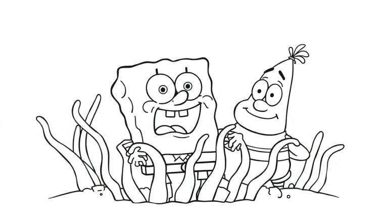 Disegno da colorare di Spongebob Squarepants che abbraccia Patrick Stella, entrambi sorridenti, circondati da alghe in un ambiente sottomarino.