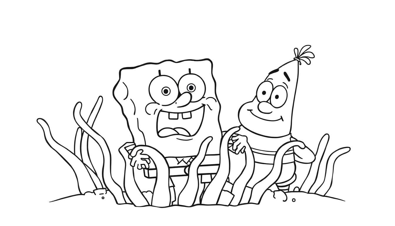 Disegno da colorare di Spongebob Squarepants che abbraccia Patrick Stella, entrambi sorridenti, circondati da alghe in un ambiente sottomarino.