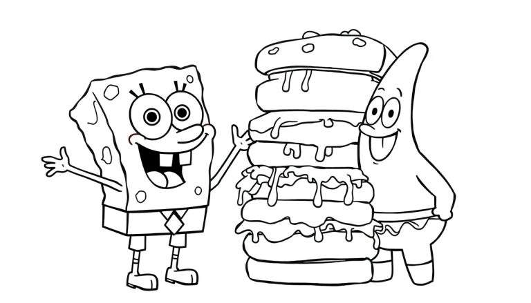 Disegno da colorare di Spongebob che saluta e Patrick che cerca di mangiare un hamburger da una torre alta.