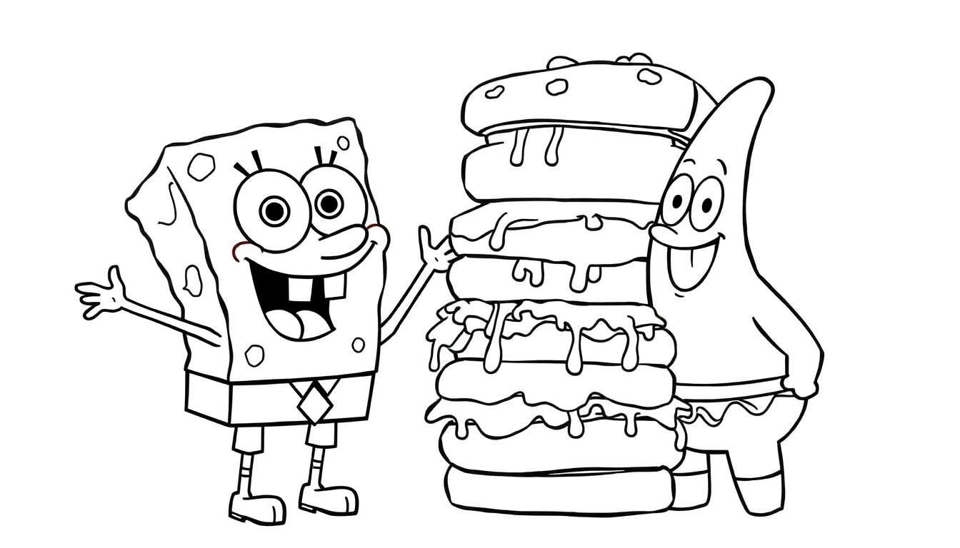 Disegno da colorare di Spongebob che saluta e Patrick che cerca di mangiare un hamburger da una torre alta.