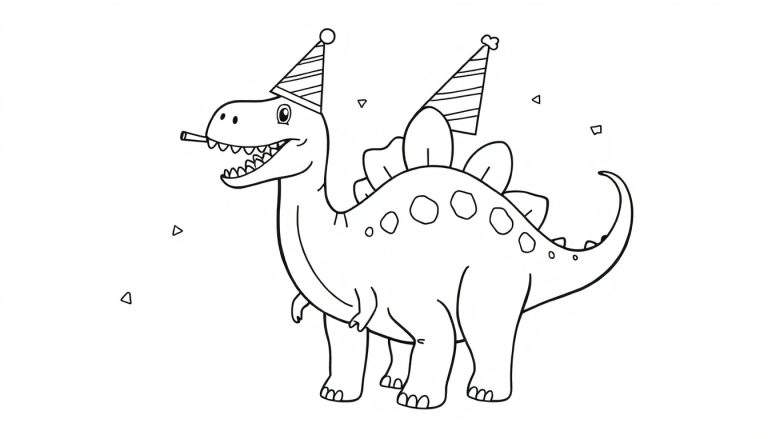 Disegno da colorare Stegosauro con cappellino da festa e festante in bocca.