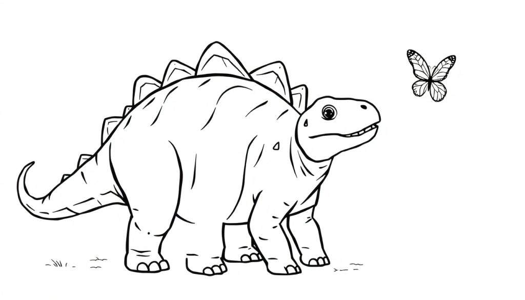Disegno da colorare di uno Stegosauro con placche sulla schiena e coda a frusta, che guarda una farfalla.