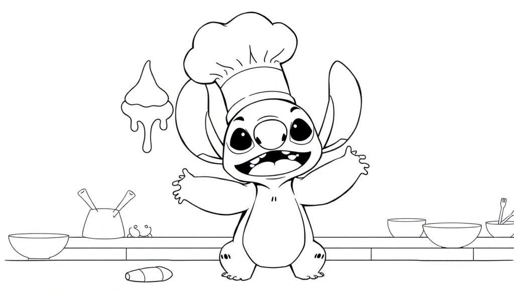 Disegno in bianco e nero di Stitch, l'alieno di Lilo & Stitch, con cappello da chef, sorridente e con le braccia aperte, in una cucina con ciotole e ingredienti.