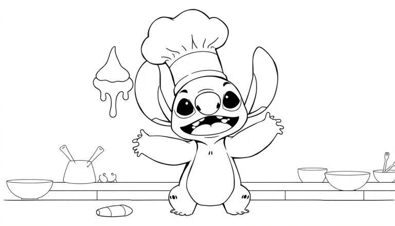 Disegno in bianco e nero di Stitch, l'alieno di Lilo & Stitch, con cappello da chef, sorridente e con le braccia aperte, in una cucina con ciotole e ingredienti.