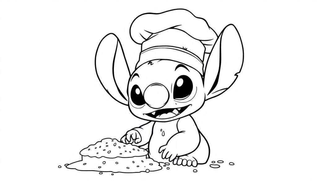 Disegno da colorare di Stitch, il personaggio di Lilo & Stitch, con un cappello da cuoco mentre prepara ingredienti per dolci.