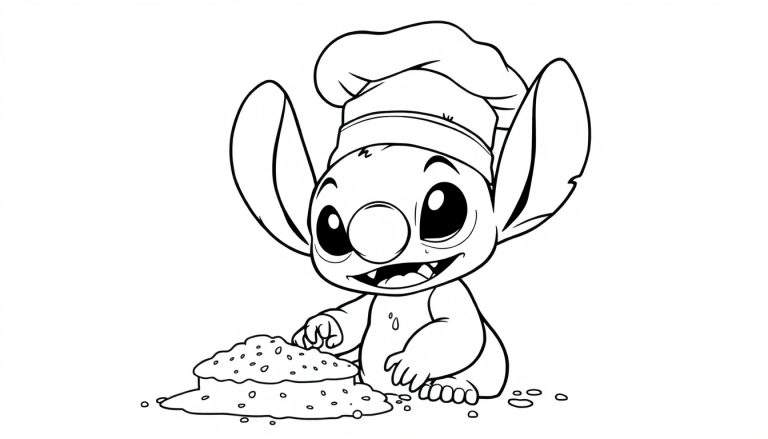 Disegno da colorare di Stitch, il personaggio di Lilo & Stitch, con un cappello da cuoco mentre prepara ingredienti per dolci.