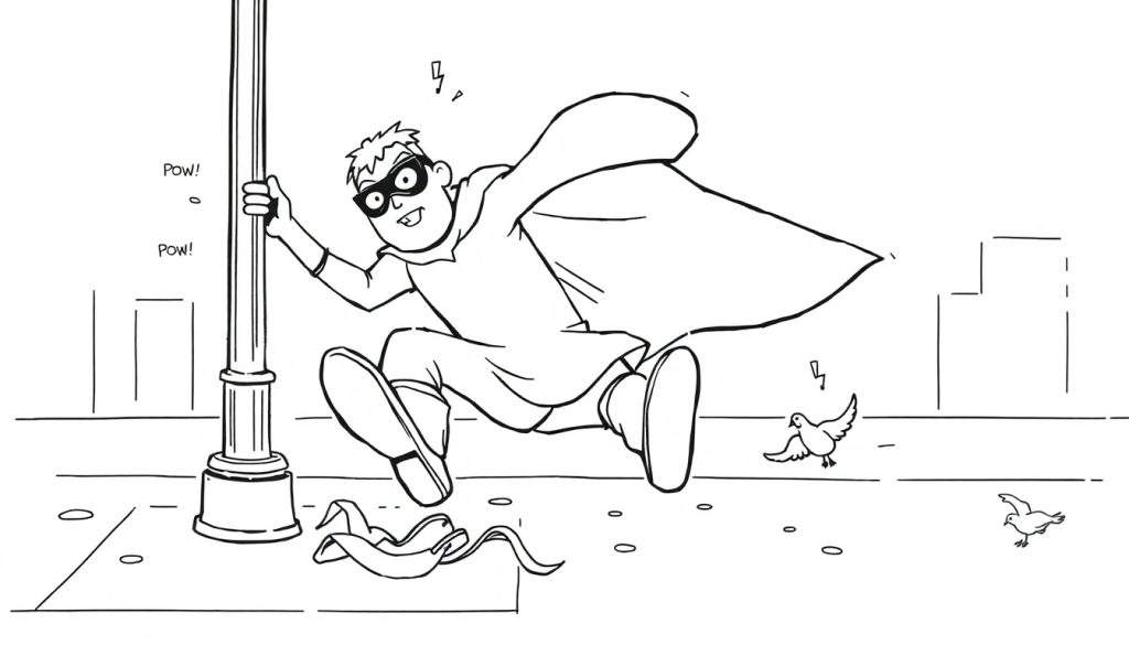 Disegno a mano libera di un personaggio di un fumetto con maschera e mantello che scivola su bucce di banana in una strada di città. Ci sono scritte 'POW!' e piccioni che volano.