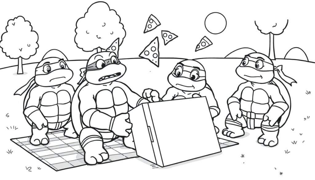 Disegno da colorare delle Tartarughe Ninja che fanno un picnic, con pizza che cade e il sole nel cielo.