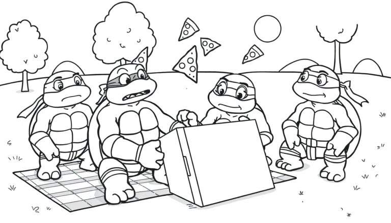 Disegno da colorare delle Tartarughe Ninja che fanno un picnic, con pizza che cade e il sole nel cielo.