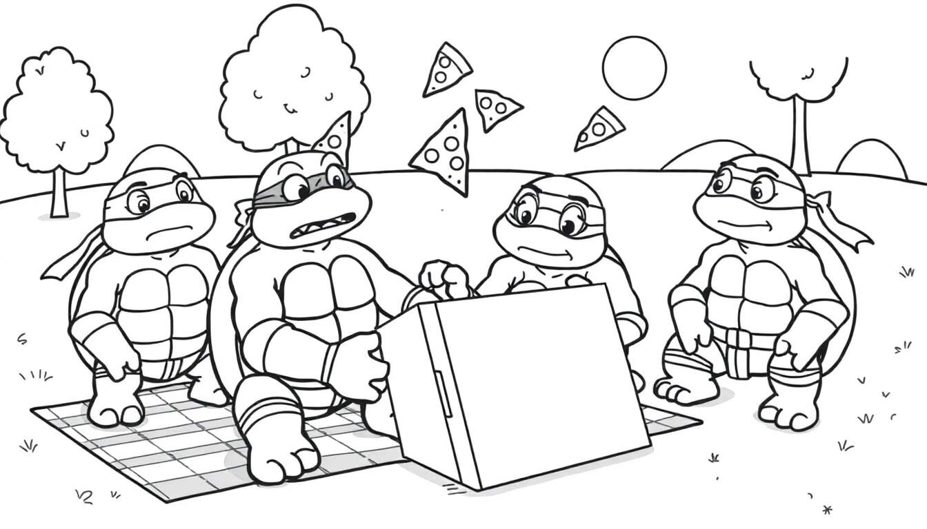 Disegno da colorare delle Tartarughe Ninja che fanno un picnic, con pizza che cade e il sole nel cielo.