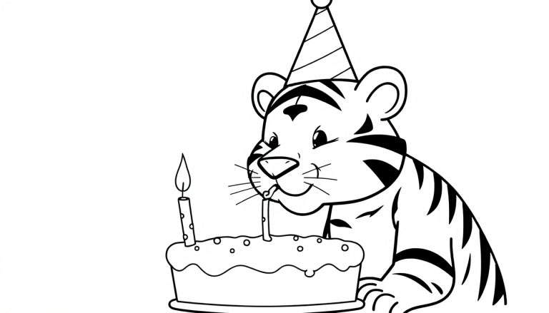 Disegno da colorare di una tigre che soffia candeline su una torta di compleanno, indossa un cappello da festa.