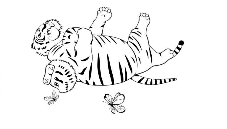 Disegno da colorare: tigre stilizzata sdraiata sulla schiena con le zampe in aria, due farfalle svolazzano vicino, testa girata che guarda una farfalla.