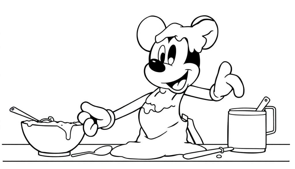 Disegno da colorare di Topolino con cappello da cuoco sporco, intento a fare colazione con una ciotola di cereali traboccanti e una tazza.