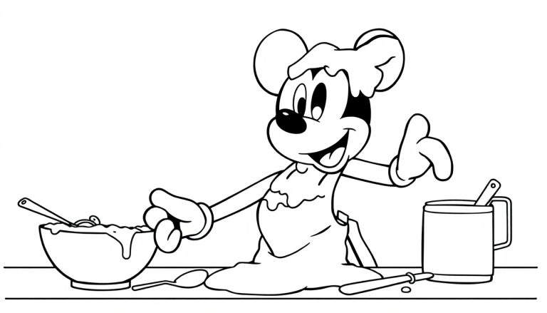 Disegno da colorare di Topolino con cappello da cuoco sporco, intento a fare colazione con una ciotola di cereali traboccanti e una tazza.