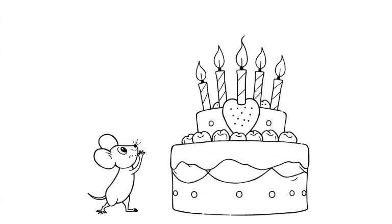 Disegno a linea di un topolino in piedi sulle zampe posteriori, con le zampe anteriori alzate verso una torta di compleanno a due piani con fragole, ciliegie e candeline accese.