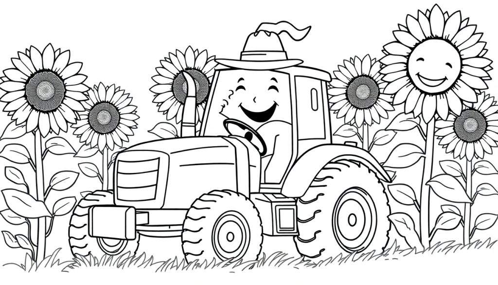 Trattore sorridente con cappello tra girasoli, disegno da colorare