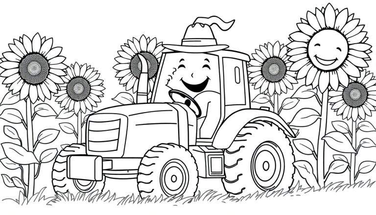 Trattore sorridente con cappello tra girasoli, disegno da colorare