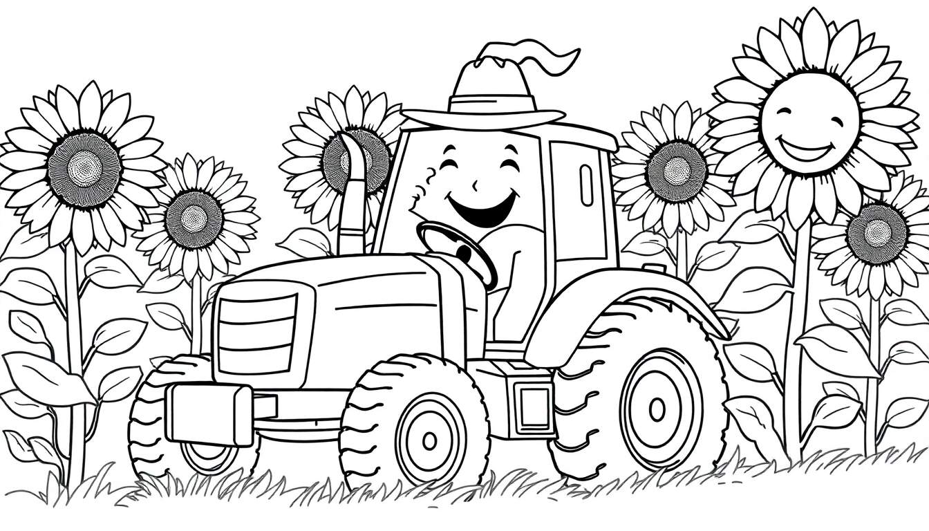 Trattore sorridente con cappello tra girasoli, disegno da colorare