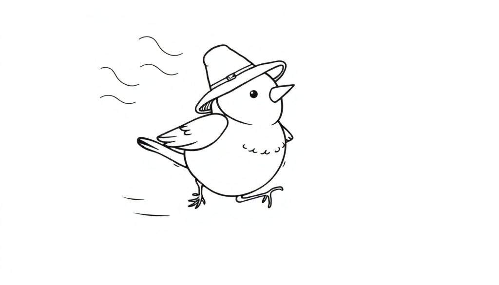 Disegno a mano libera in bianco e nero di un uccellino che cammina con un cappello, con linee curve di movimento sullo sfondo.